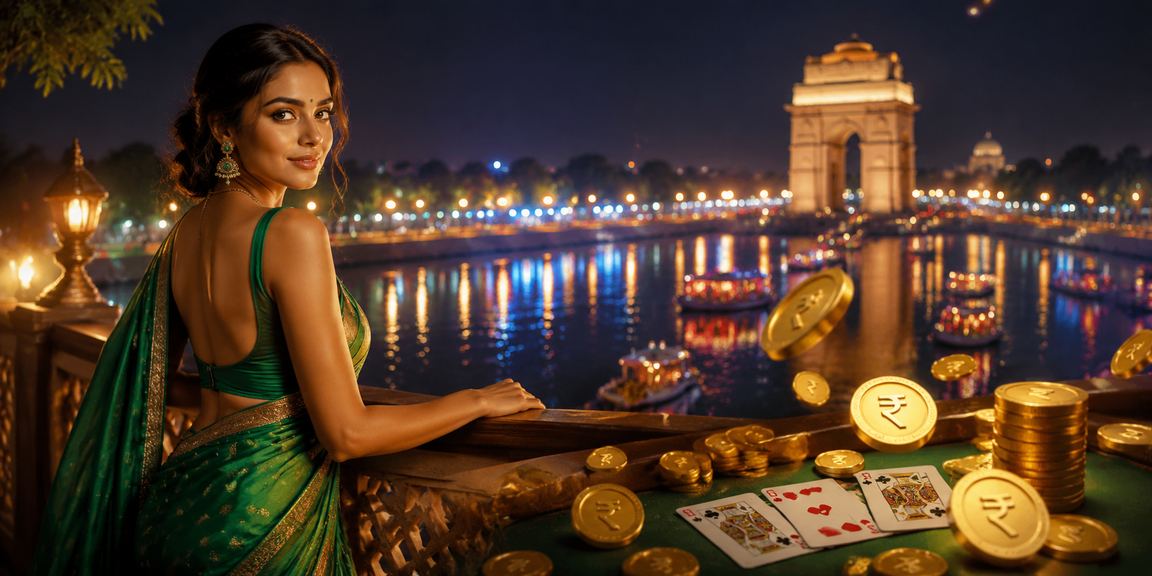 View of India Gate with traditional saree and rummy game elements